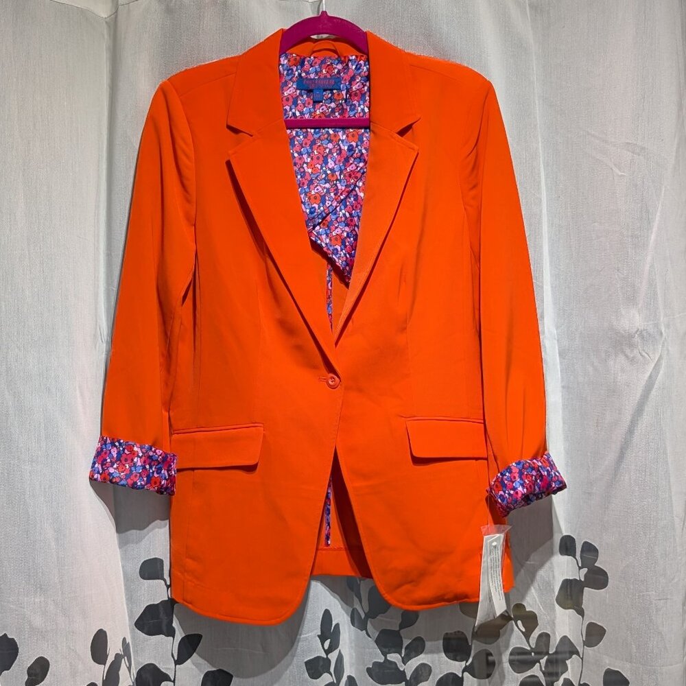 NWT Twiggy London Women's Boyfriend Orange Blazer Blue Floral Lining Medium - Picture 3 of 15